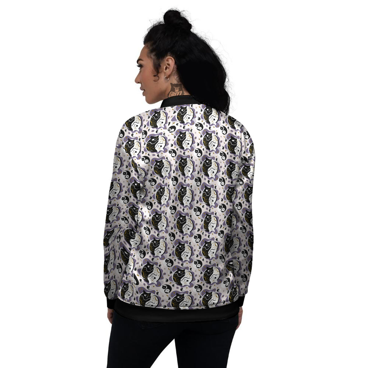 Yin Yang Black And White Cat Sleep Print Pattern Women's Bomber Jacket-grizzshop