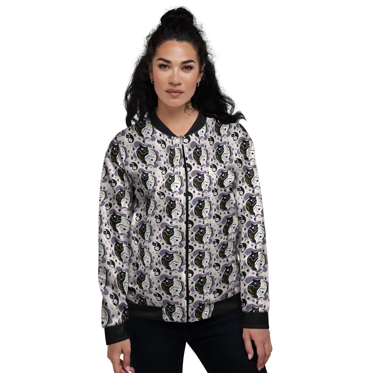 Yin Yang Black And White Cat Sleep Print Pattern Women's Bomber Jacket-grizzshop