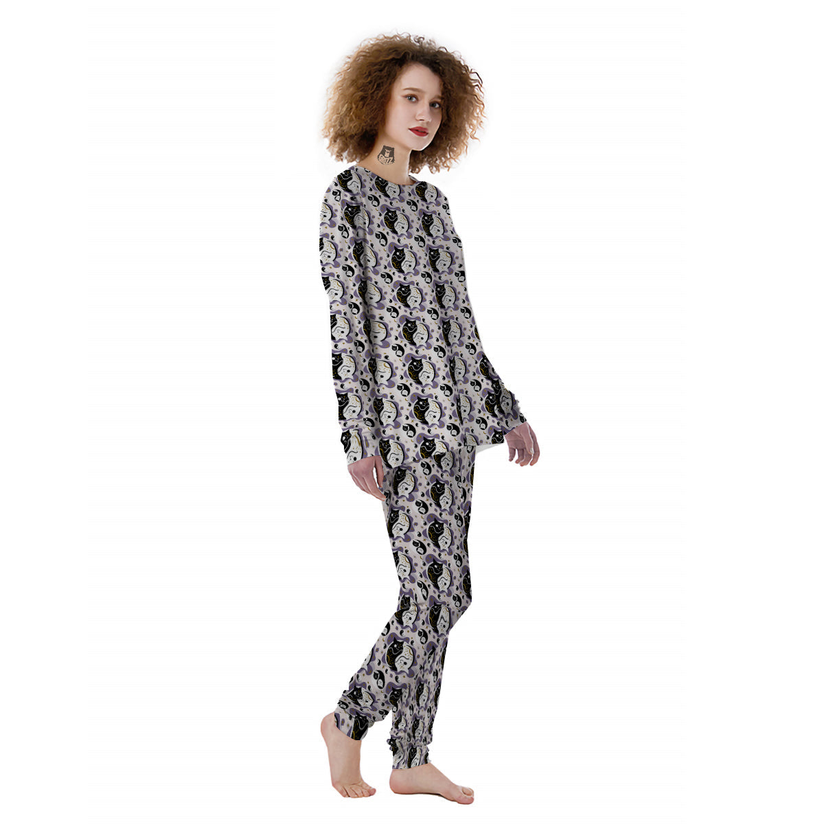 Yin Yang Black And White Cat Sleep Print Pattern Women's Pajamas-grizzshop