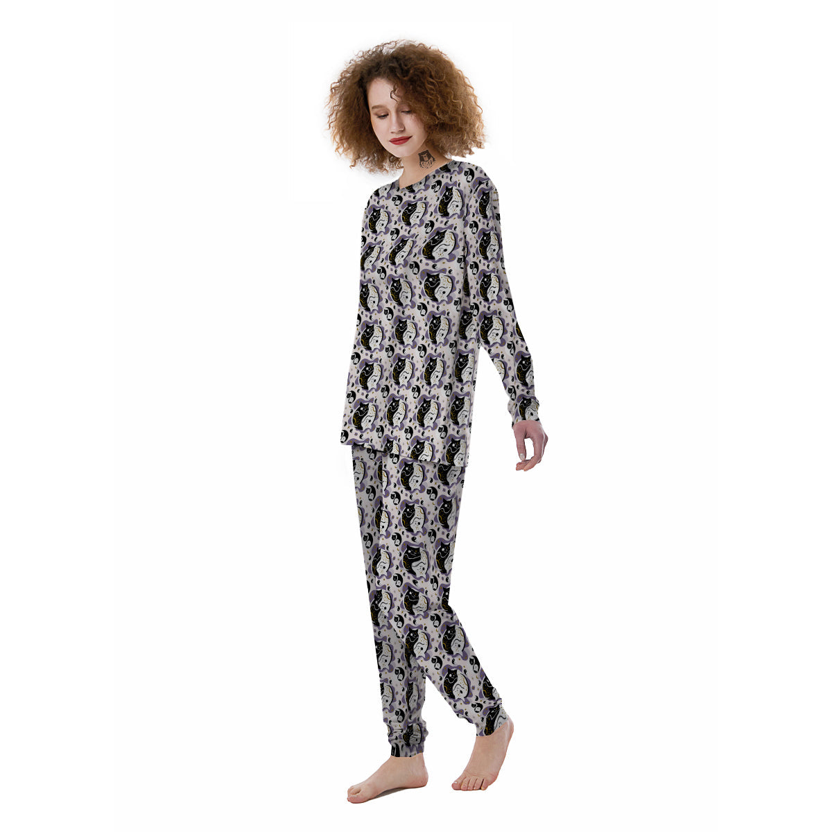 Yin Yang Black And White Cat Sleep Print Pattern Women's Pajamas-grizzshop