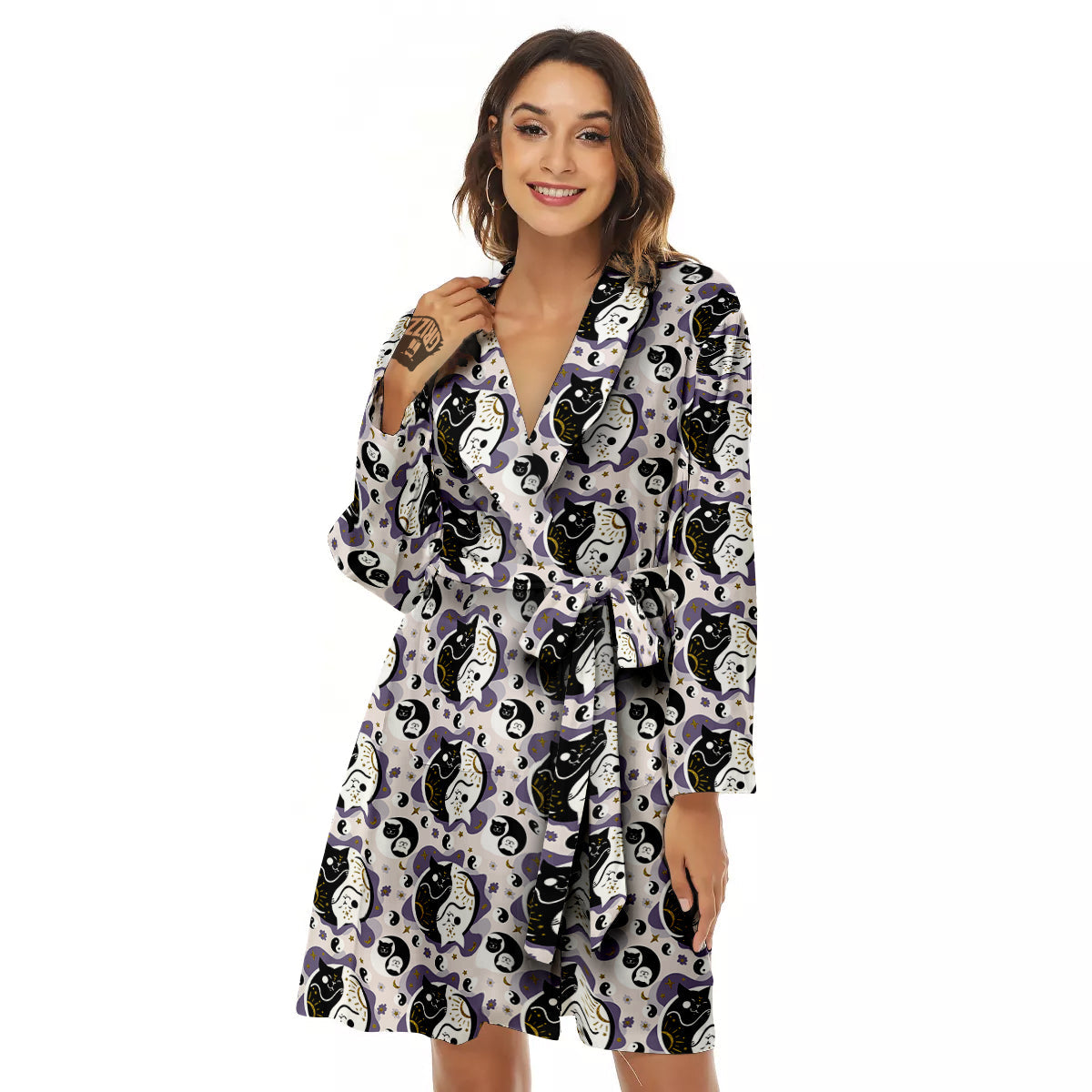 Yin Yang Black And White Cat Sleep Print Pattern Women's Robe-grizzshop