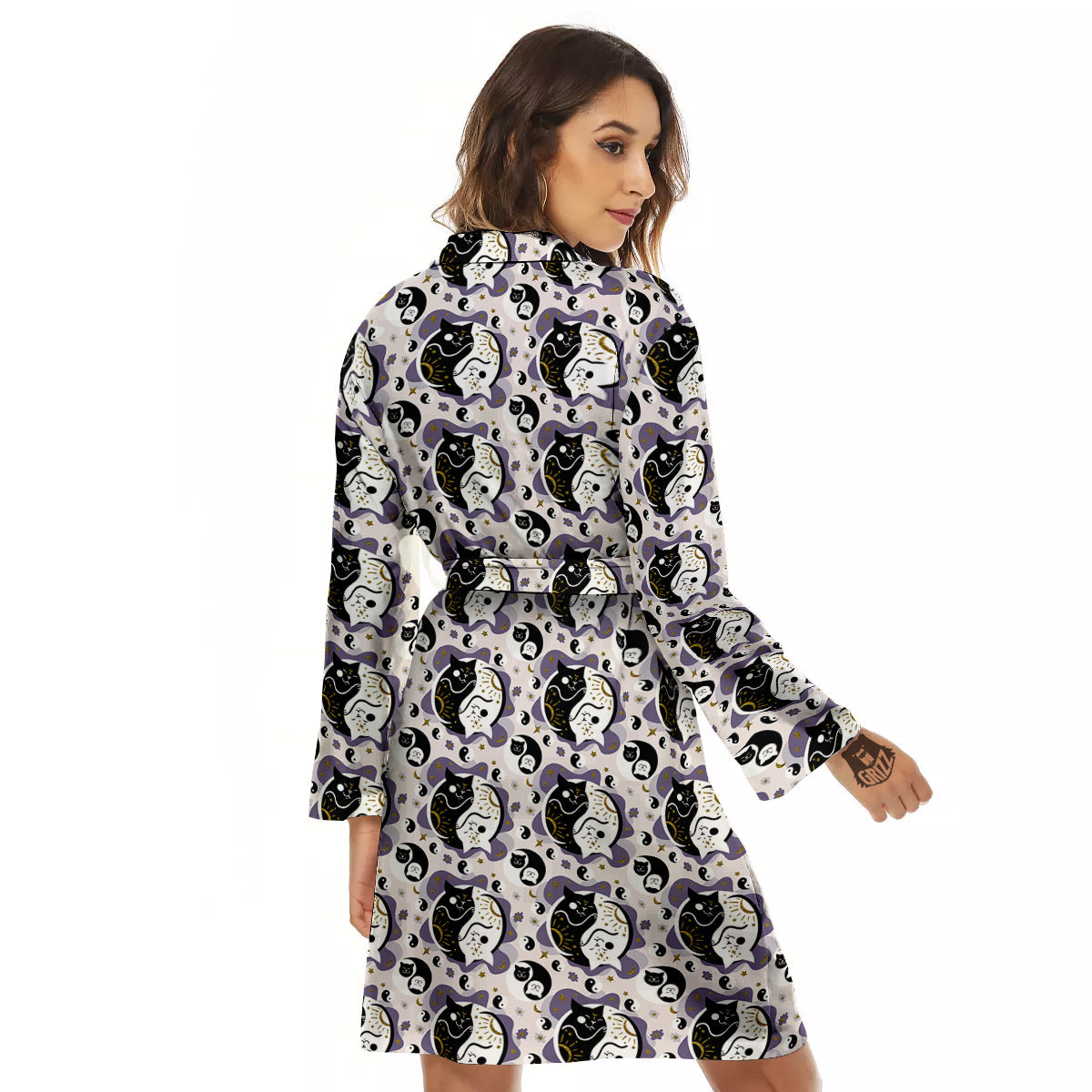 Yin Yang Black And White Cat Sleep Print Pattern Women's Robe-grizzshop