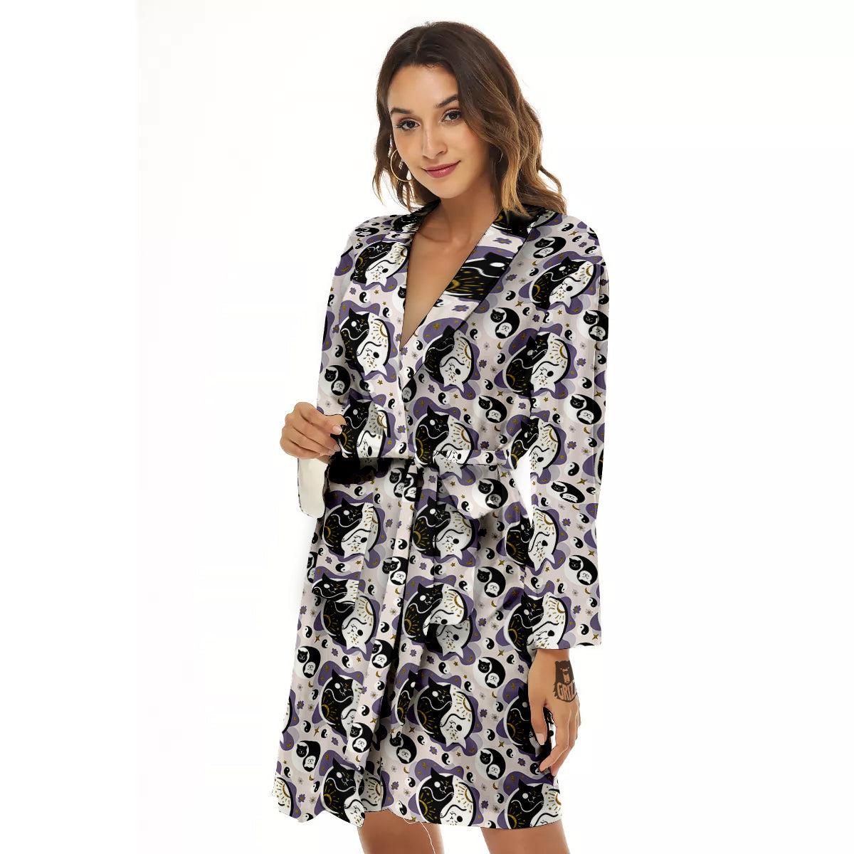 Yin Yang Black And White Cat Sleep Print Pattern Women's Robe-grizzshop