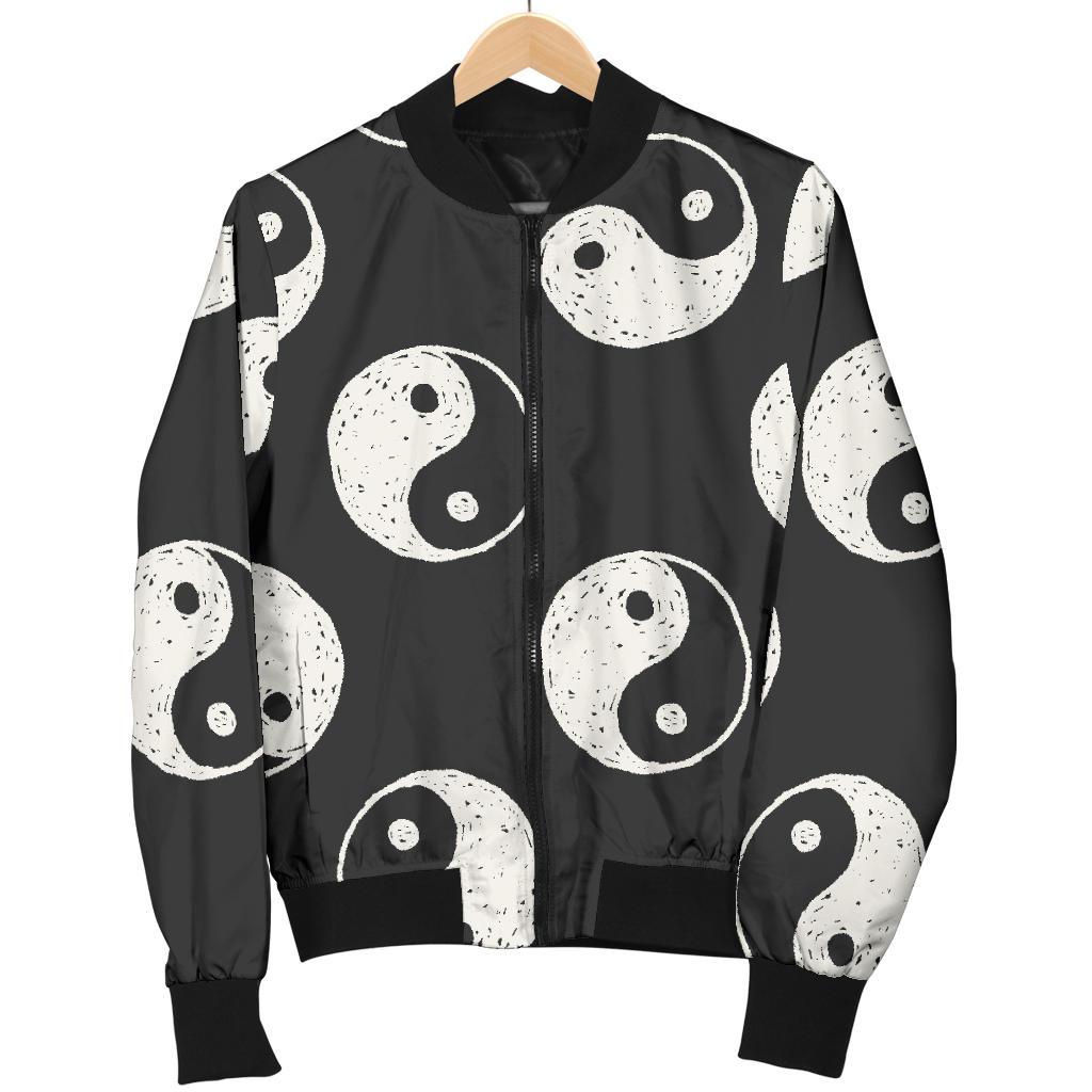 Yin Yang Black Pattern Print Women Casual Bomber Jacket-grizzshop