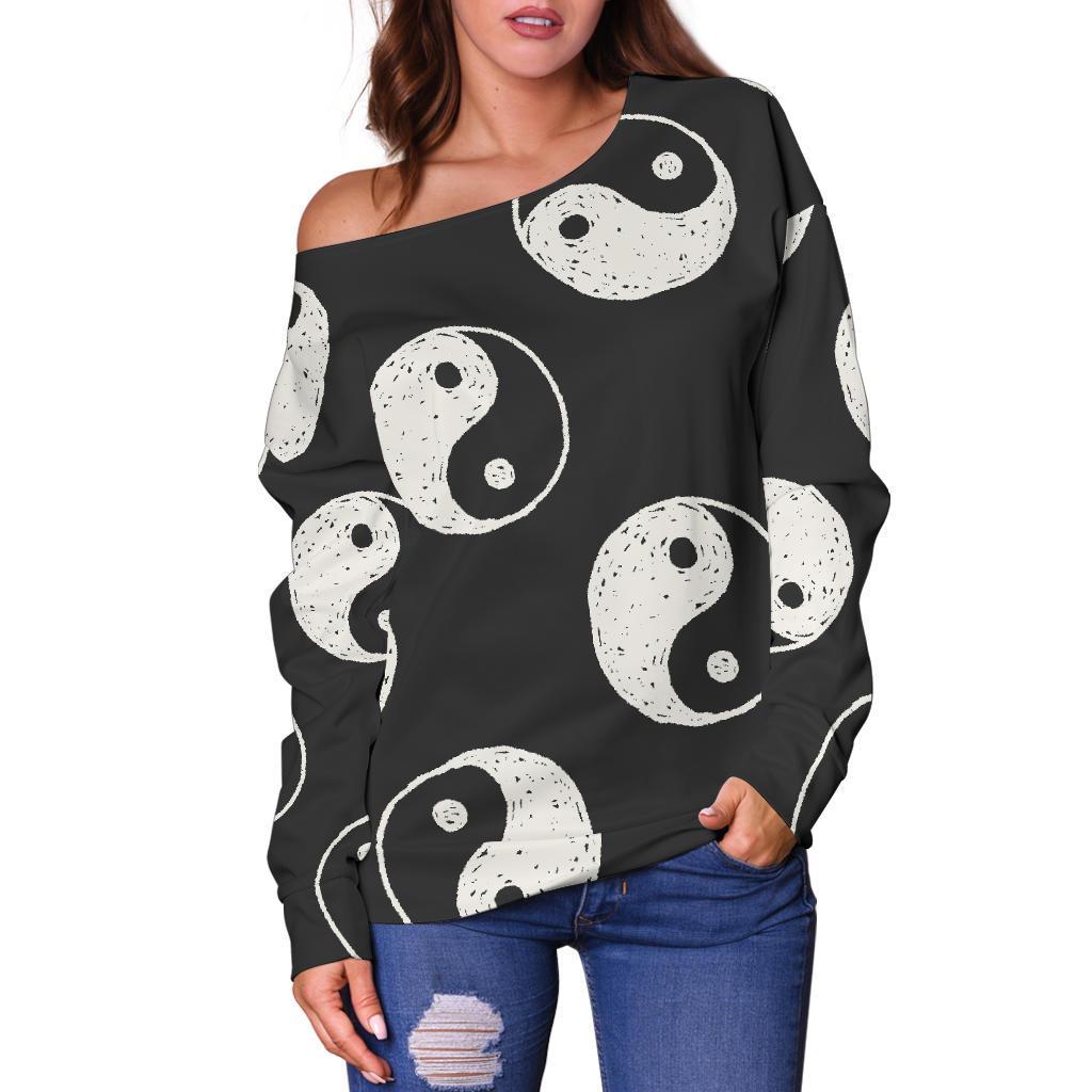 Yin Yang Black Pattern Print Women Off Shoulder Sweatshirt-grizzshop