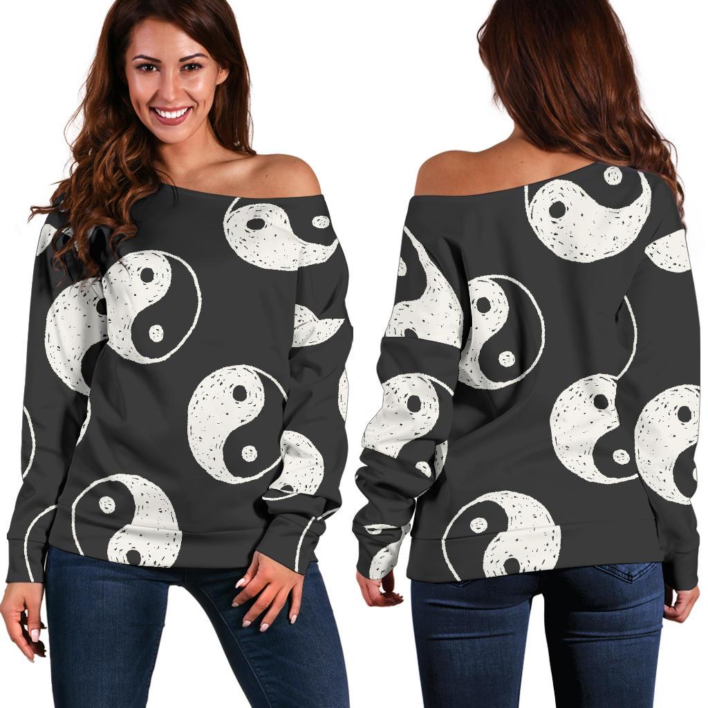 Yin Yang Black Pattern Print Women Off Shoulder Sweatshirt-grizzshop