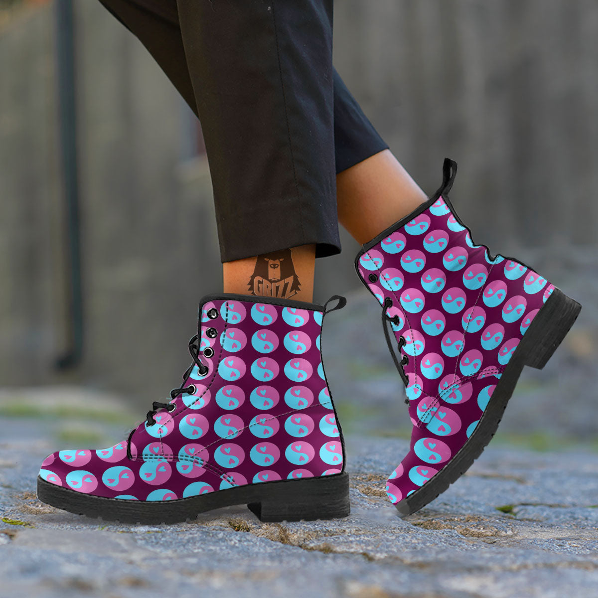 Yin Yang Blue And Purple Print Leather Boots-grizzshop