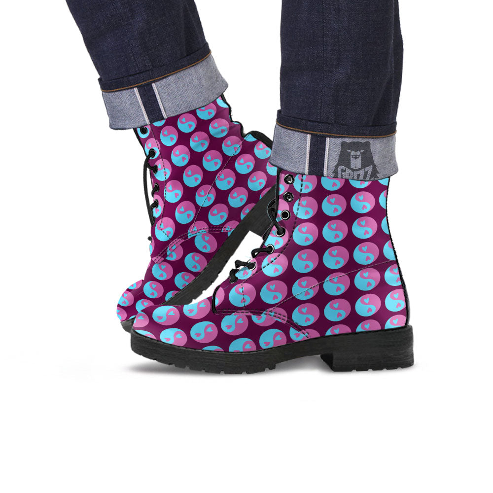 Yin Yang Blue And Purple Print Leather Boots-grizzshop