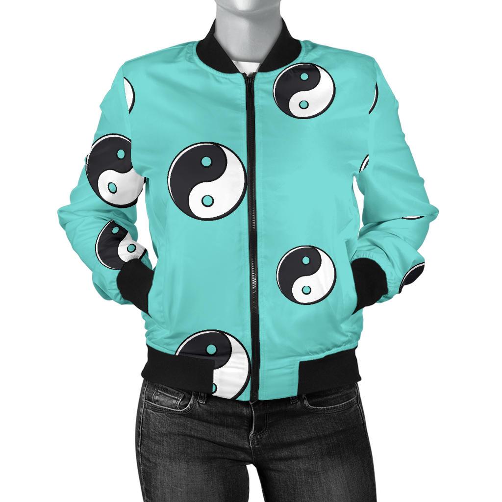 Yin Yang Blue Pattern Print Women Casual Bomber Jacket-grizzshop