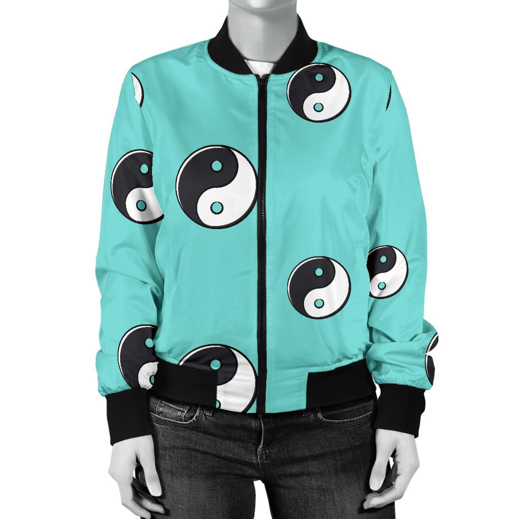 Yin Yang Blue Pattern Print Women Casual Bomber Jacket-grizzshop