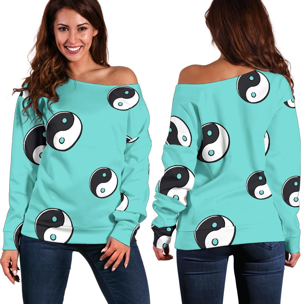 Yin Yang Blue Pattern Print Women Off Shoulder Sweatshirt-grizzshop
