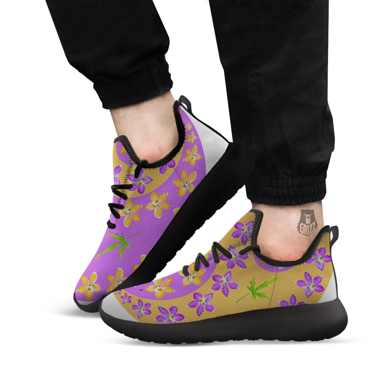 Yin Yang Colorful Flowers Print Black Athletic Shoes-grizzshop