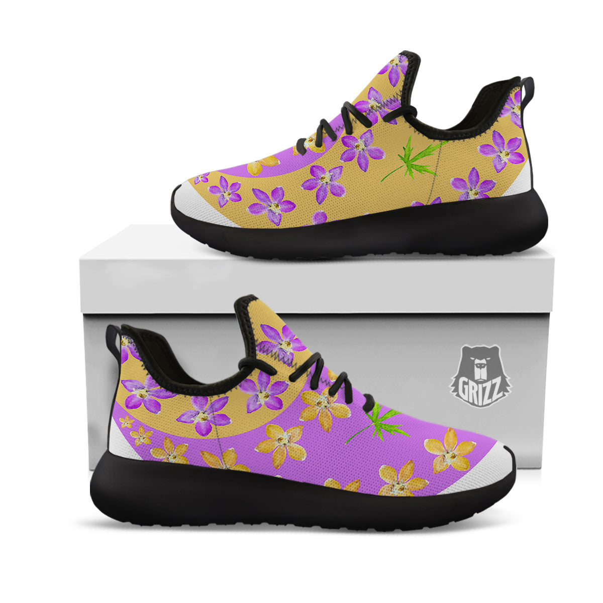 Yin Yang Colorful Flowers Print Black Athletic Shoes-grizzshop