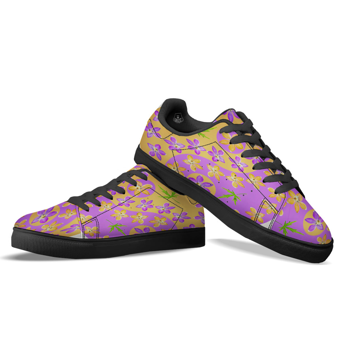 Yin Yang Colorful Flowers Print Black Low Top Sneakers-grizzshop