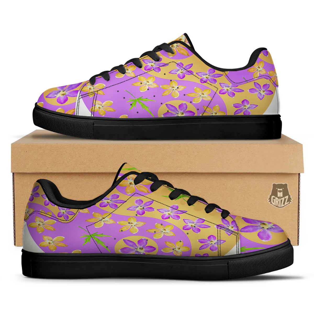 Yin Yang Colorful Flowers Print Black Low Top Sneakers-grizzshop