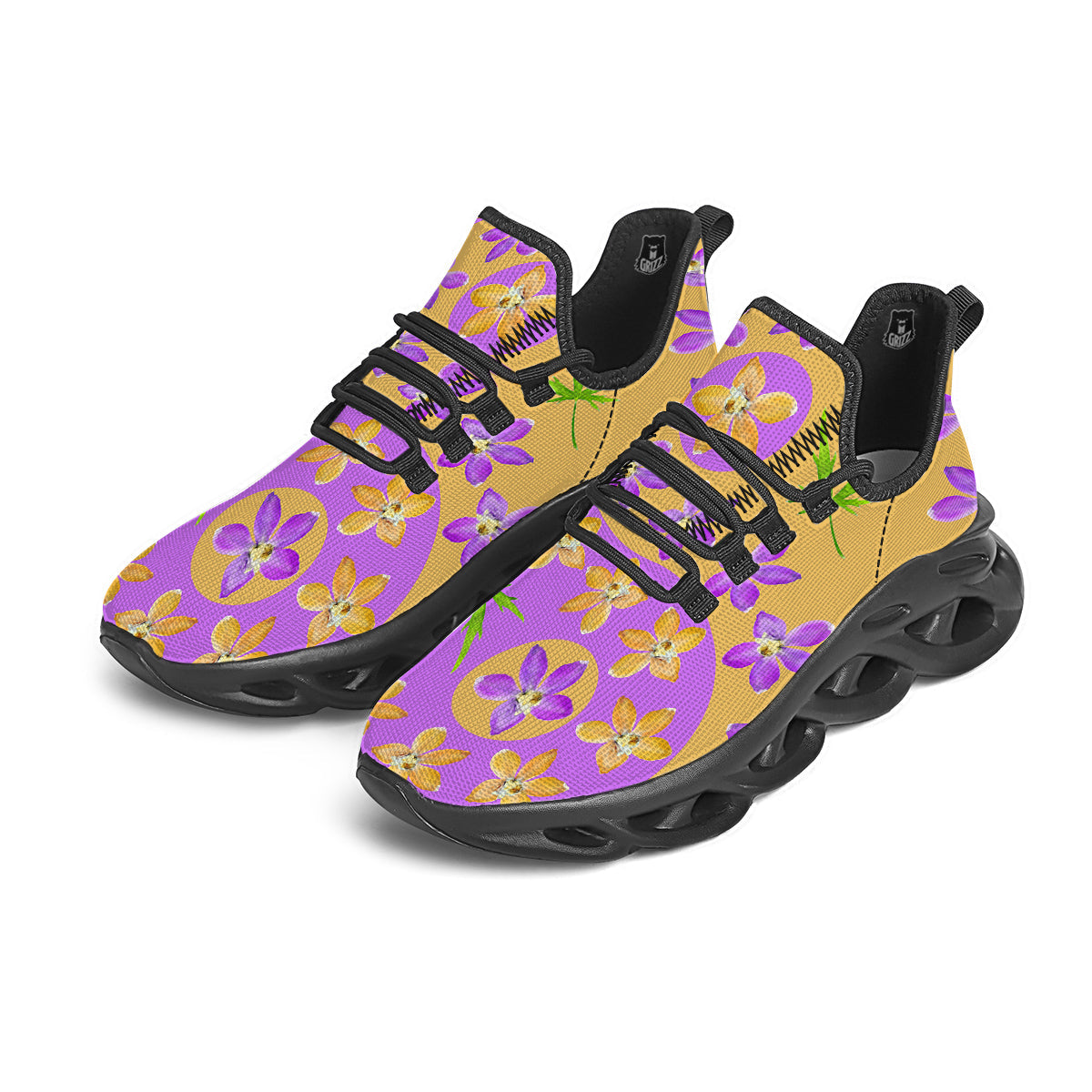 Yin Yang Colorful Flowers Print Black Running Shoes-grizzshop