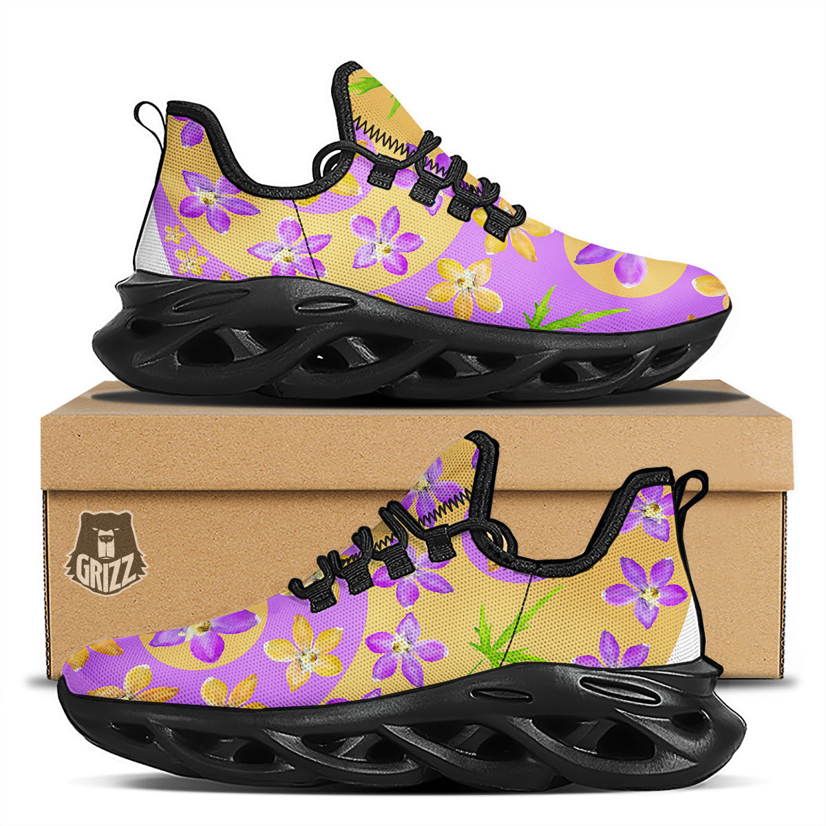 Yin Yang Colorful Flowers Print Black Running Shoes-grizzshop