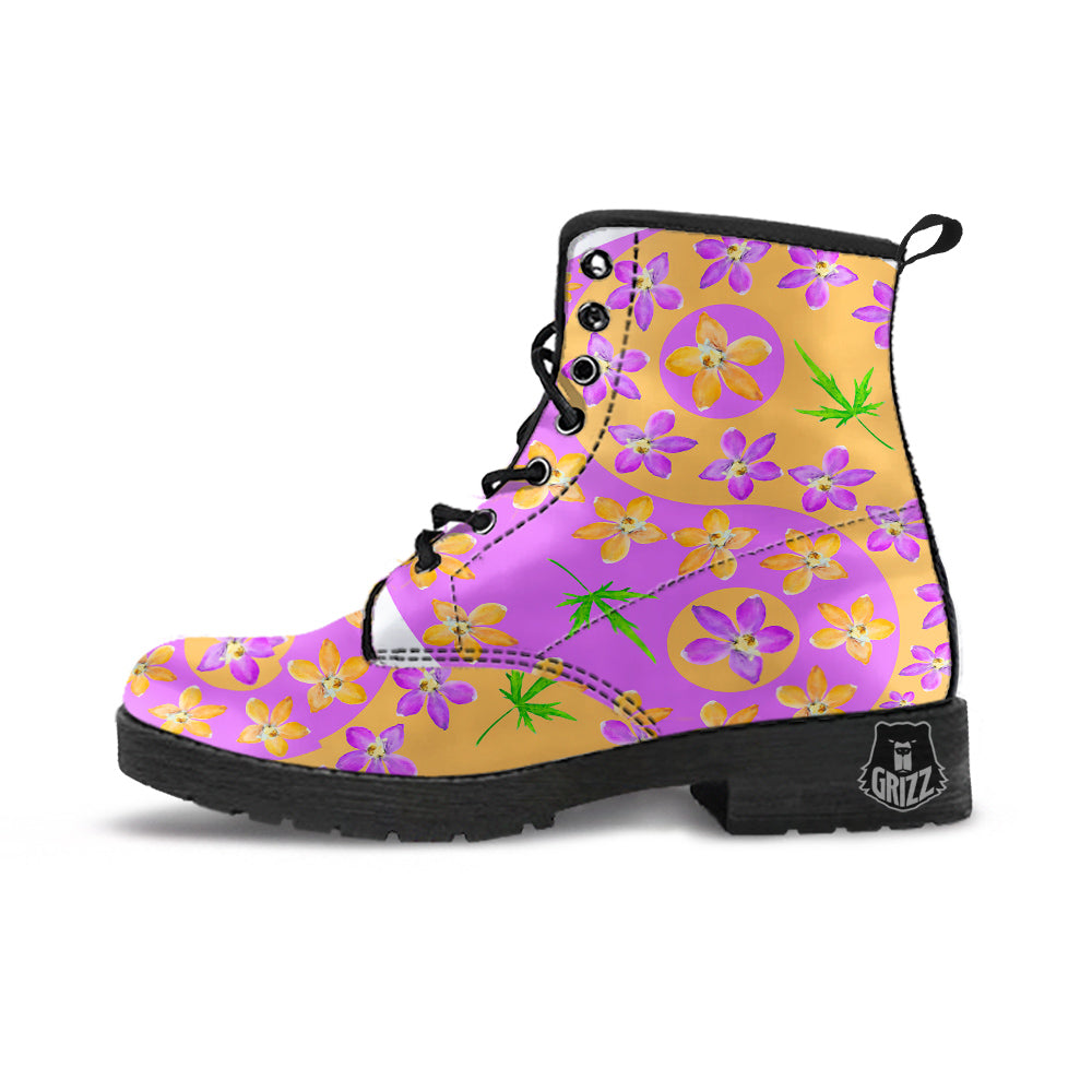 Yin Yang Colorful Flowers Print Leather Boots-grizzshop