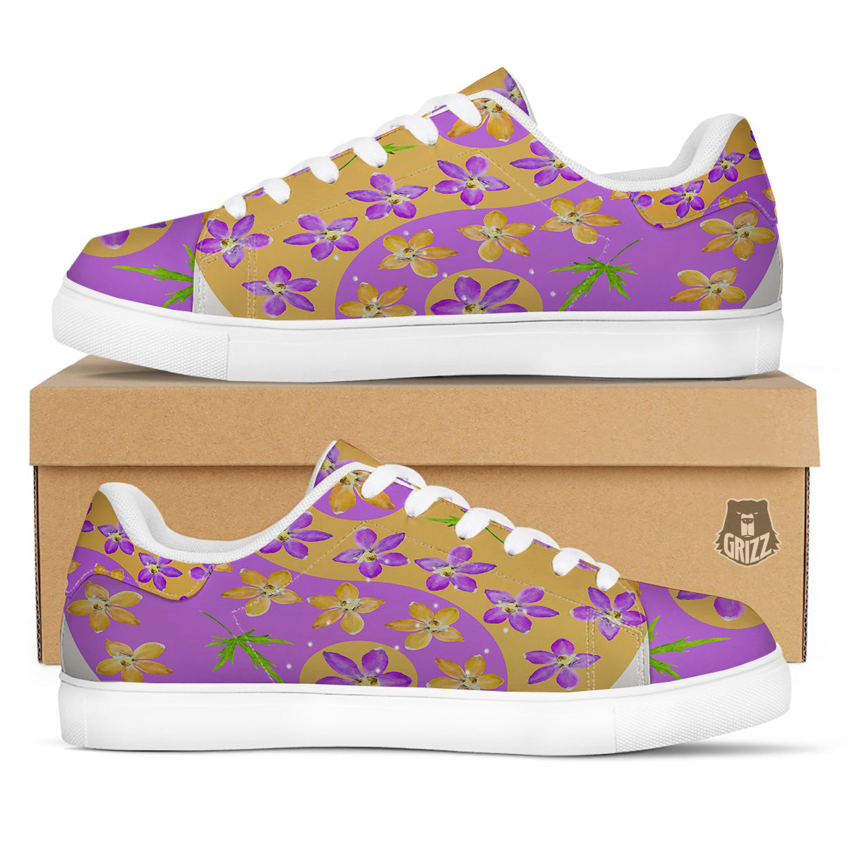 Yin Yang Colorful Flowers Print White Low Top Sneakers-grizzshop