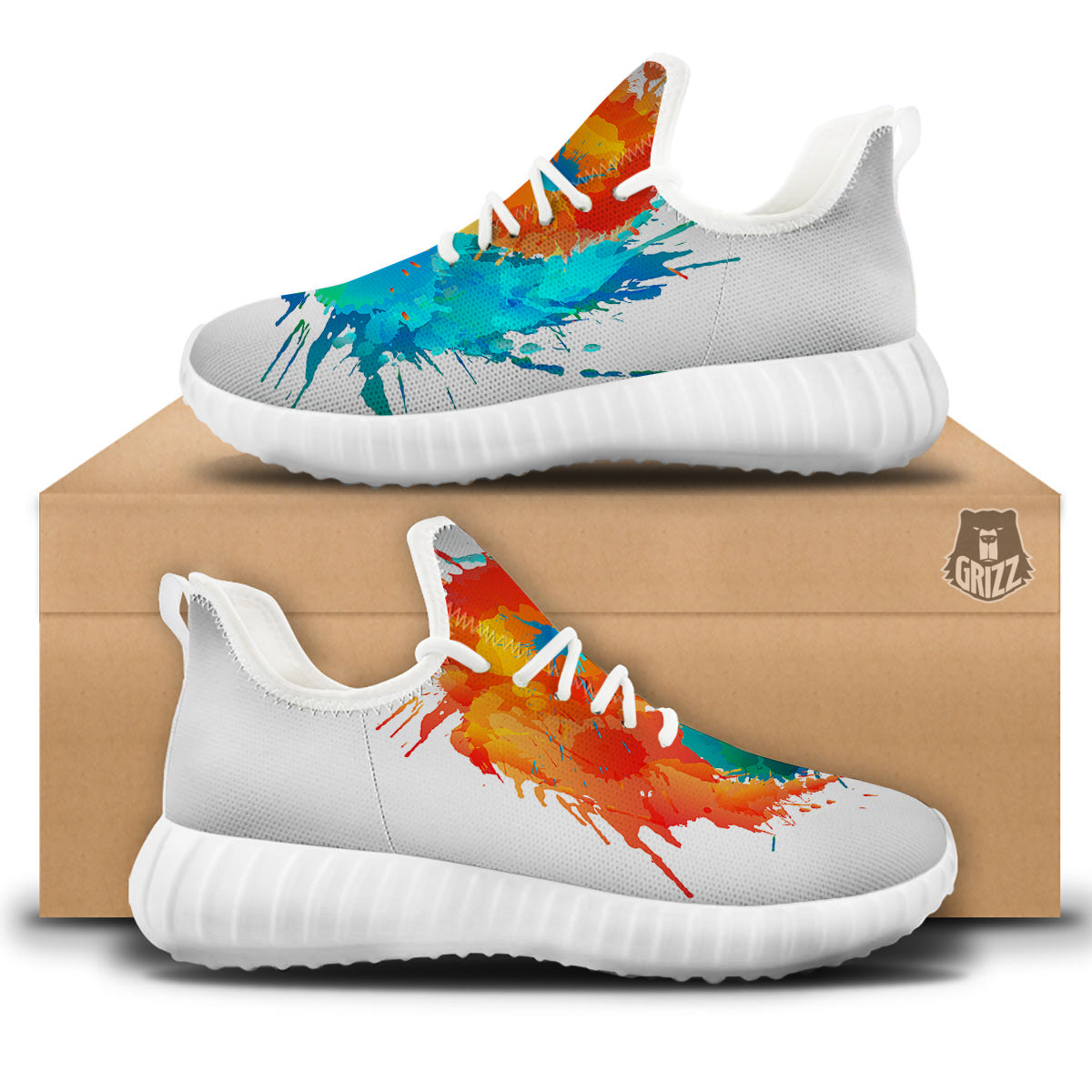 Yin Yang Colorful Splash Print White Walking Shoes-grizzshop