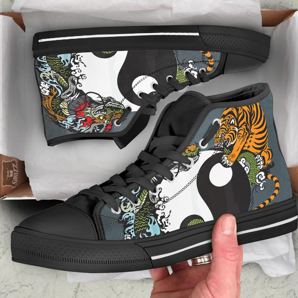 Yin Yang Dragon And Tiger Print Black High Top Shoes-grizzshop