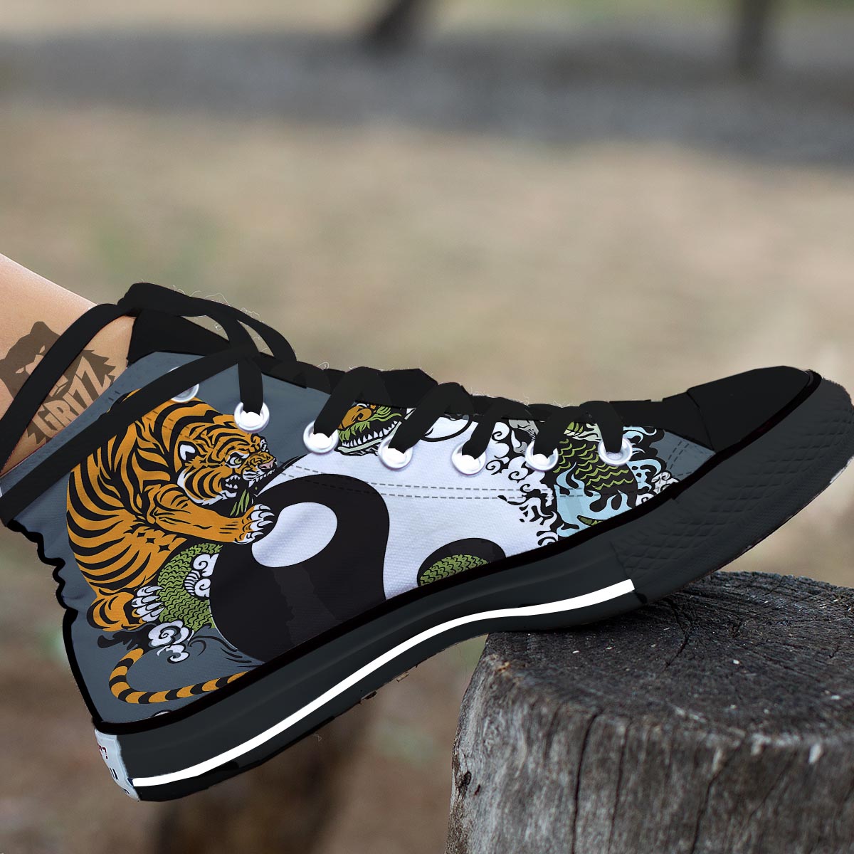 Yin Yang Dragon And Tiger Print Black High Top Shoes-grizzshop