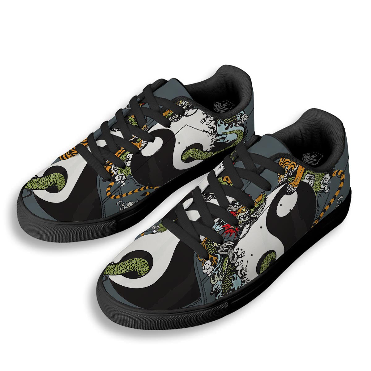 Yin Yang Dragon And Tiger Print Black Low Top Sneakers-grizzshop