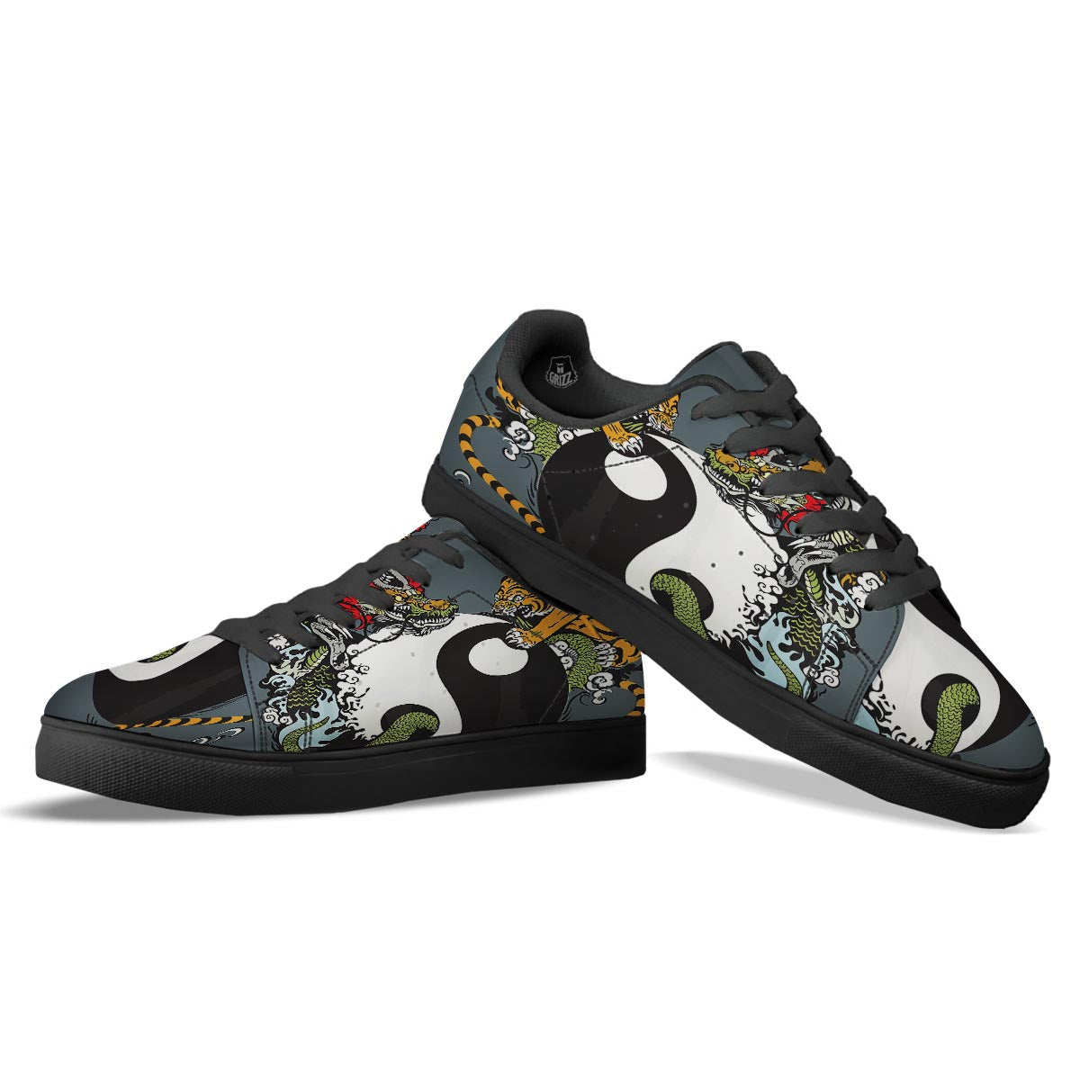 Yin Yang Dragon And Tiger Print Black Low Top Sneakers-grizzshop