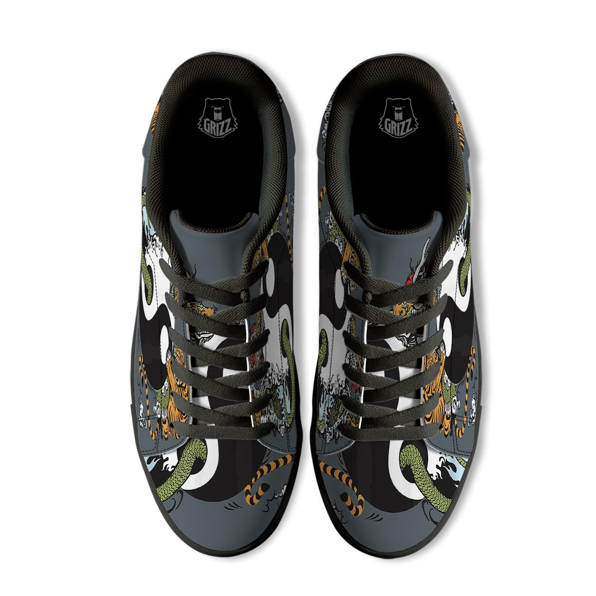 Yin Yang Dragon And Tiger Print Black Low Top Sneakers-grizzshop