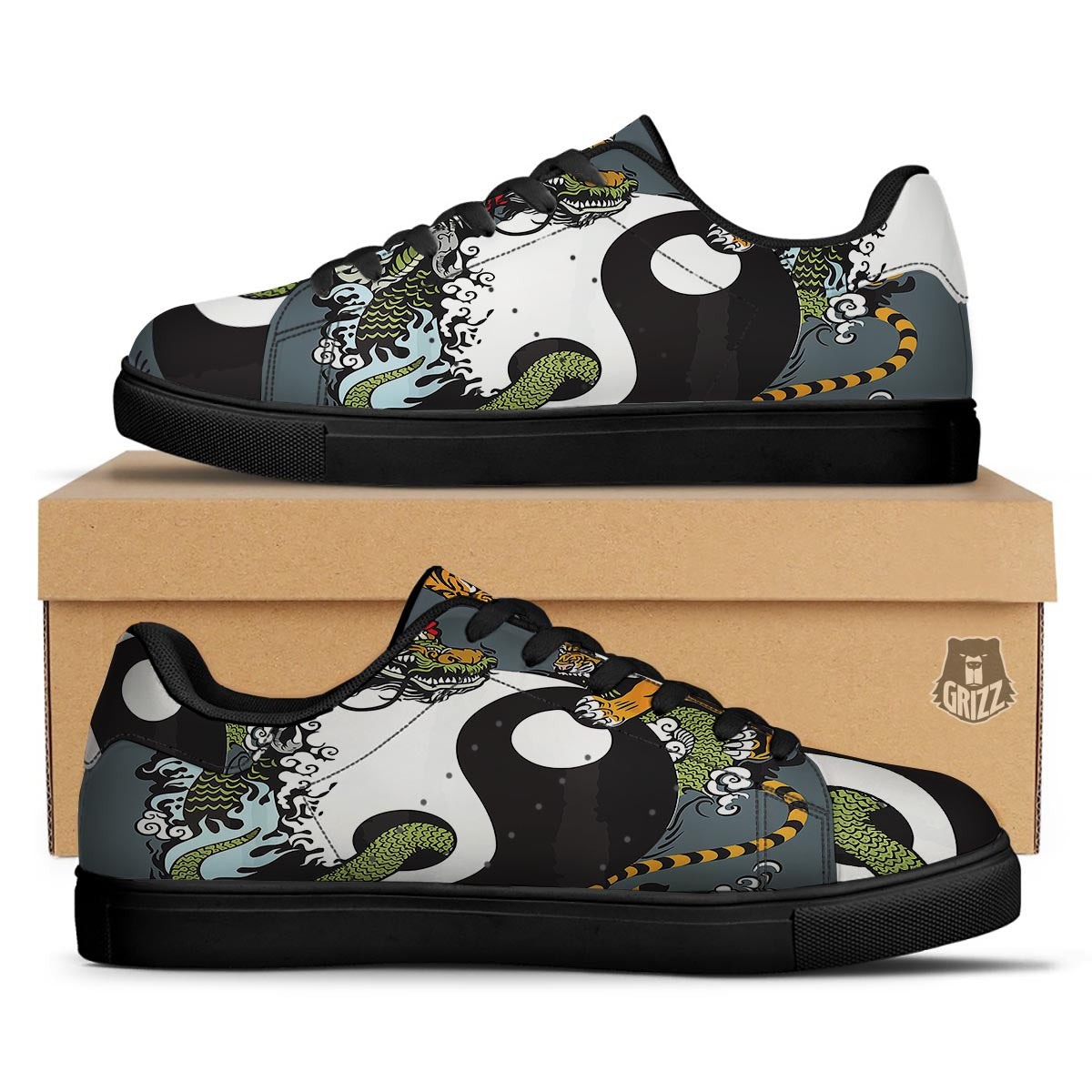 Yin Yang Dragon And Tiger Print Black Low Top Sneakers-grizzshop