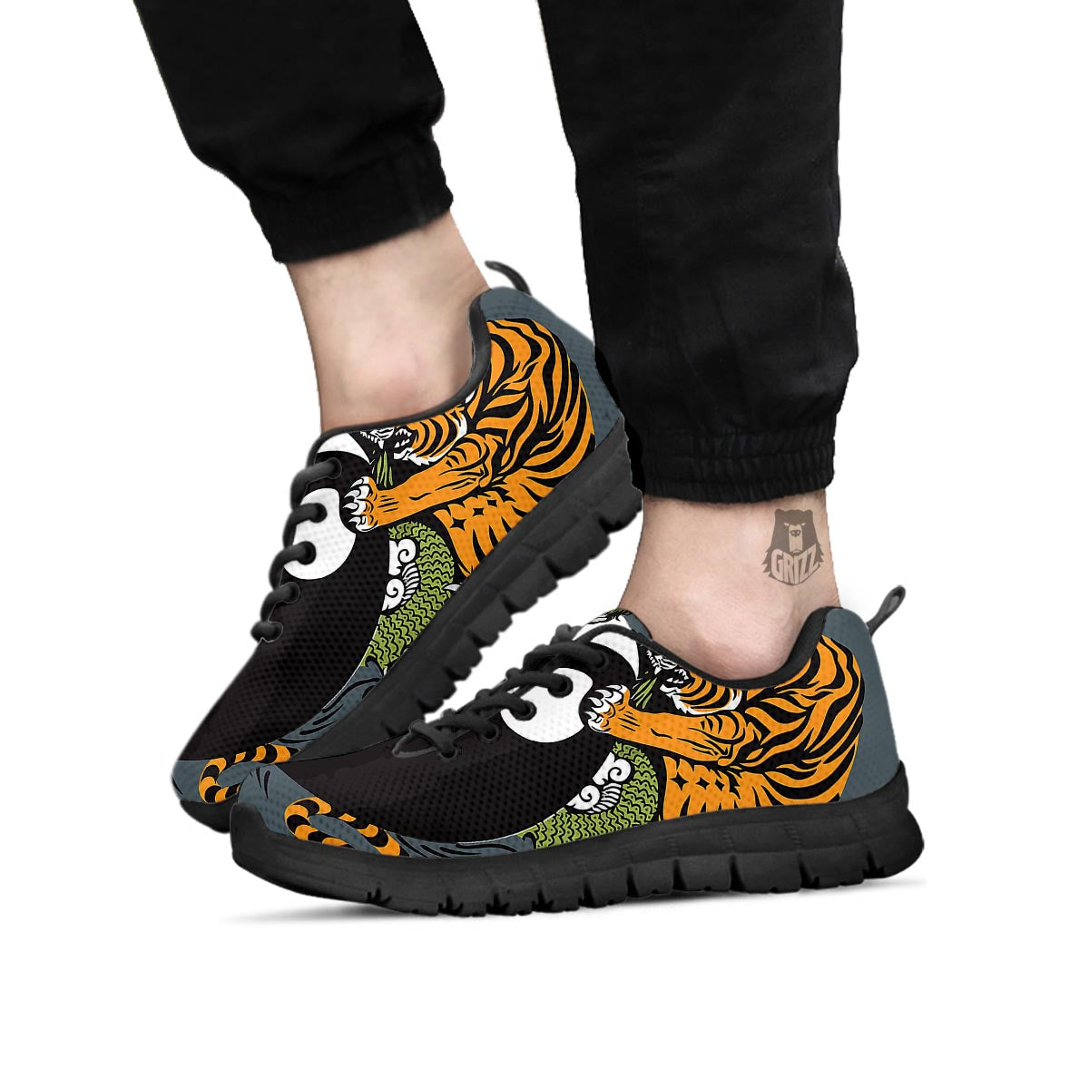 Yin Yang Dragon And Tiger Print Black Sneaker-grizzshop