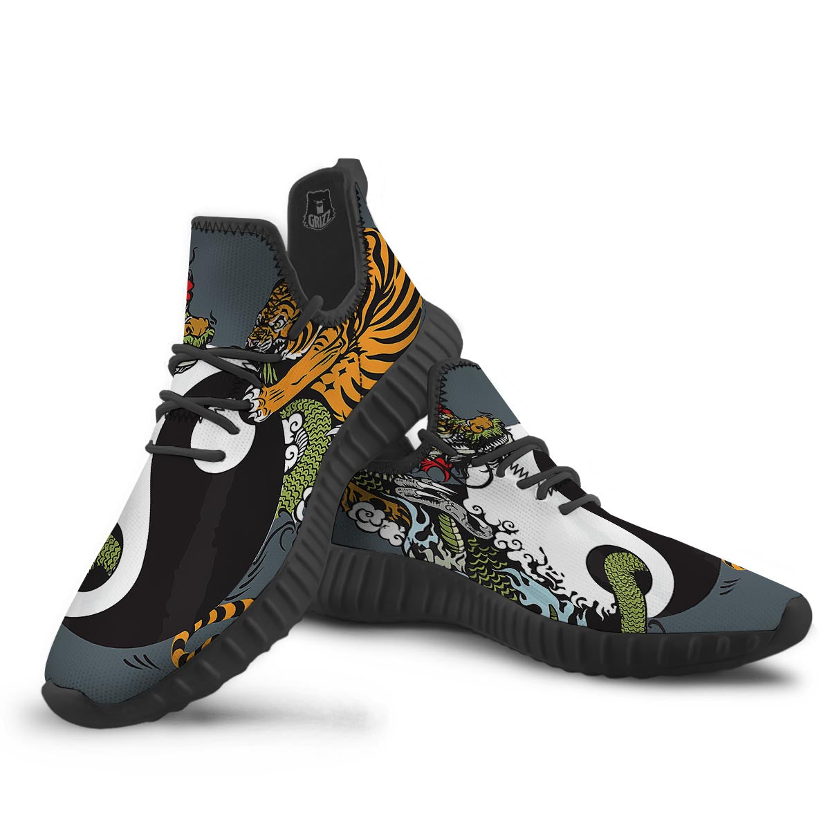 Yin Yang Dragon And Tiger Print Black Walking Shoes-grizzshop