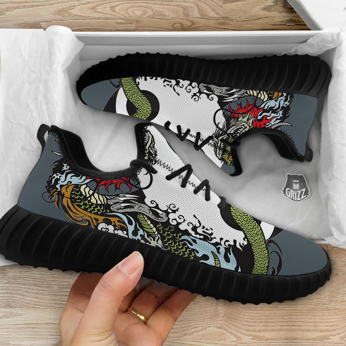 Yin Yang Dragon And Tiger Print Black Walking Shoes-grizzshop