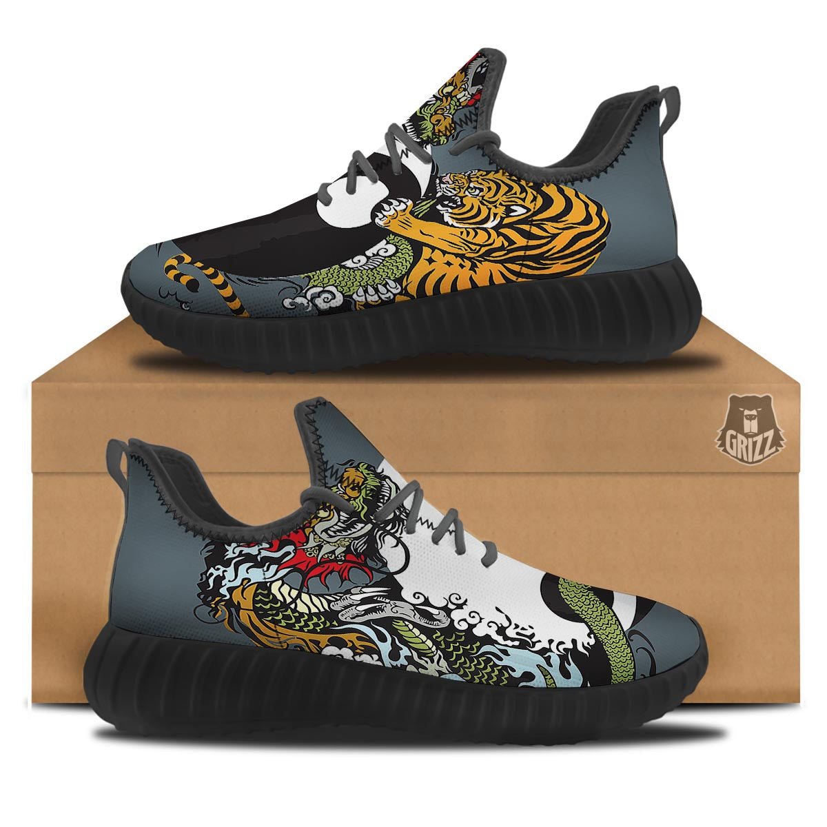Yin Yang Dragon And Tiger Print Black Walking Shoes-grizzshop