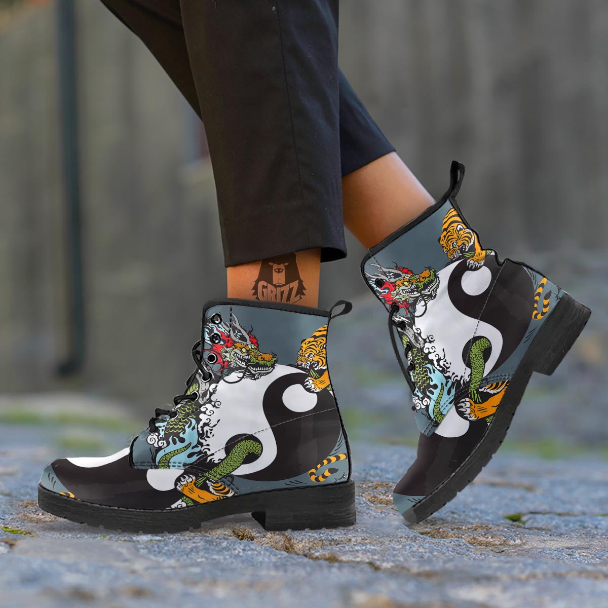 Yin Yang Dragon And Tiger Print Leather Boots-grizzshop