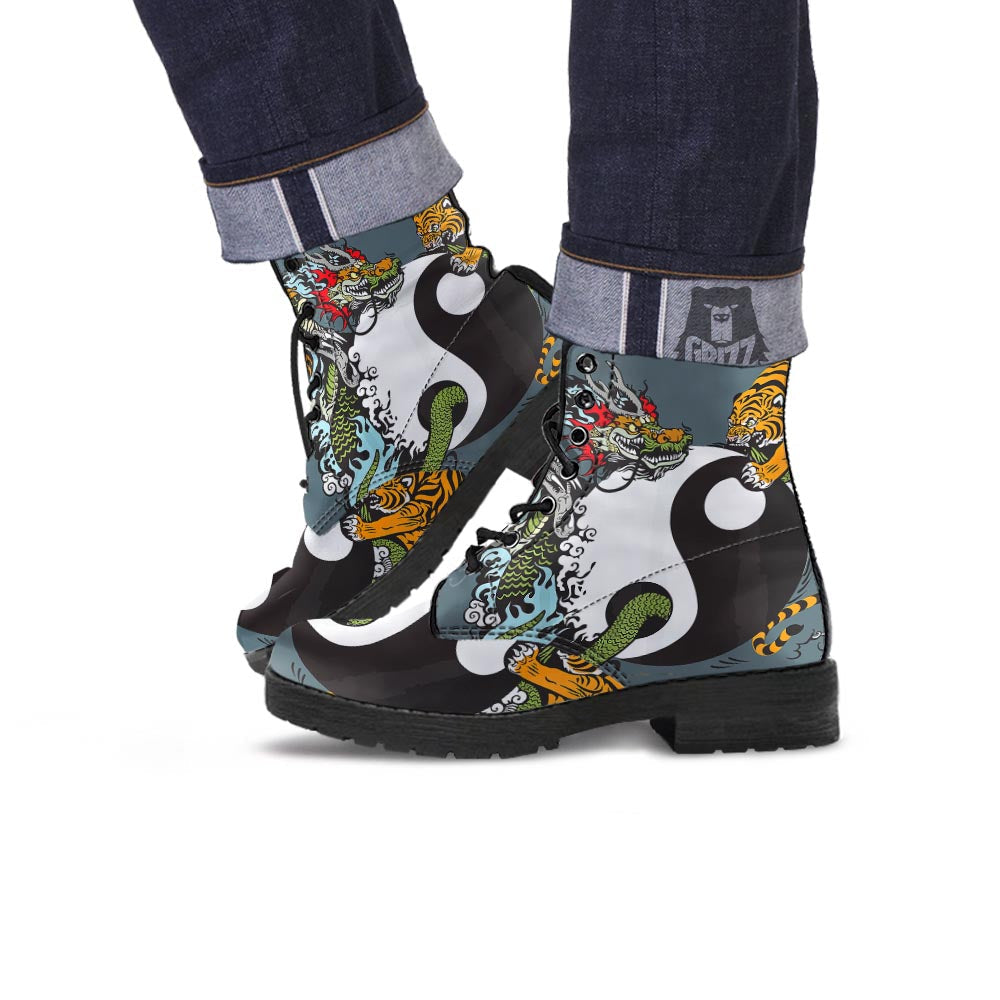 Yin Yang Dragon And Tiger Print Leather Boots-grizzshop