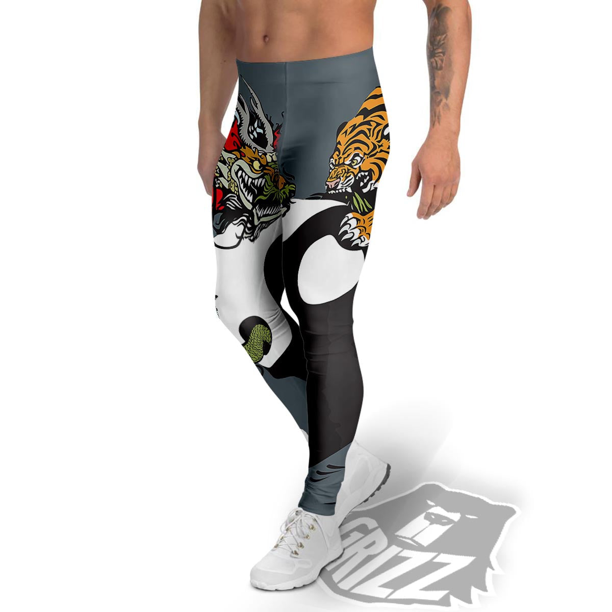 Yin Yang Dragon And Tiger Print Men's Leggings-grizzshop