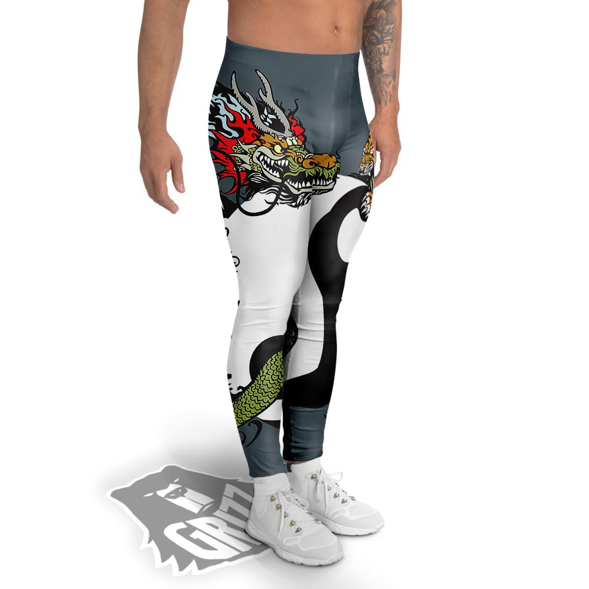 Yin Yang Dragon And Tiger Print Men's Leggings-grizzshop