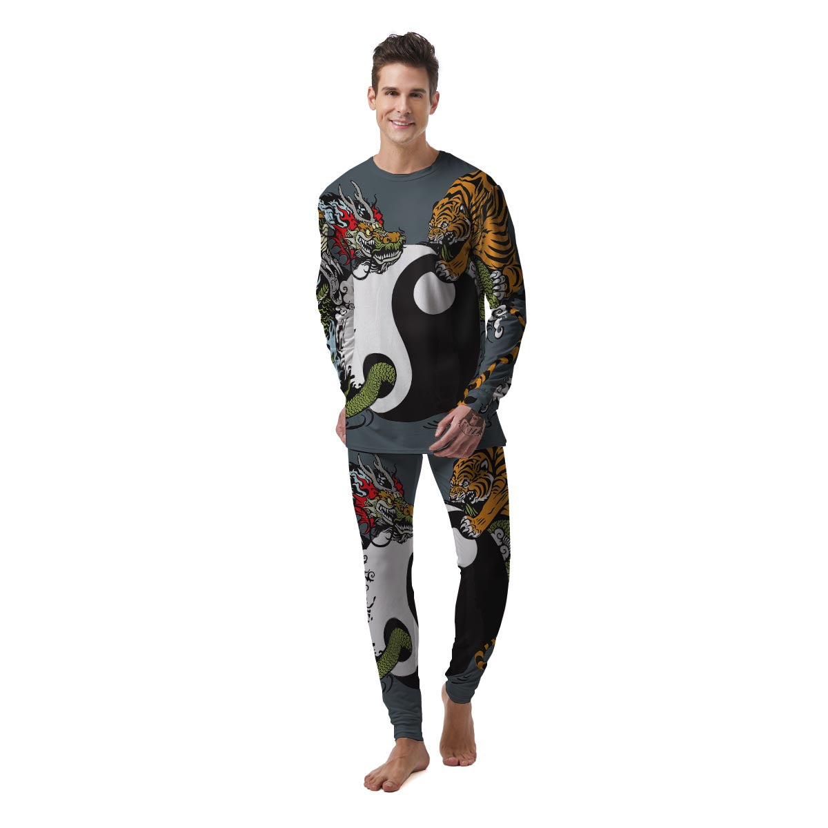 Yin Yang Dragon And Tiger Print Men's Pajamas-grizzshop