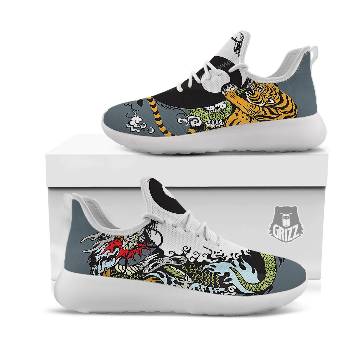 Yin Yang Dragon And Tiger Print White Athletic Shoes-grizzshop