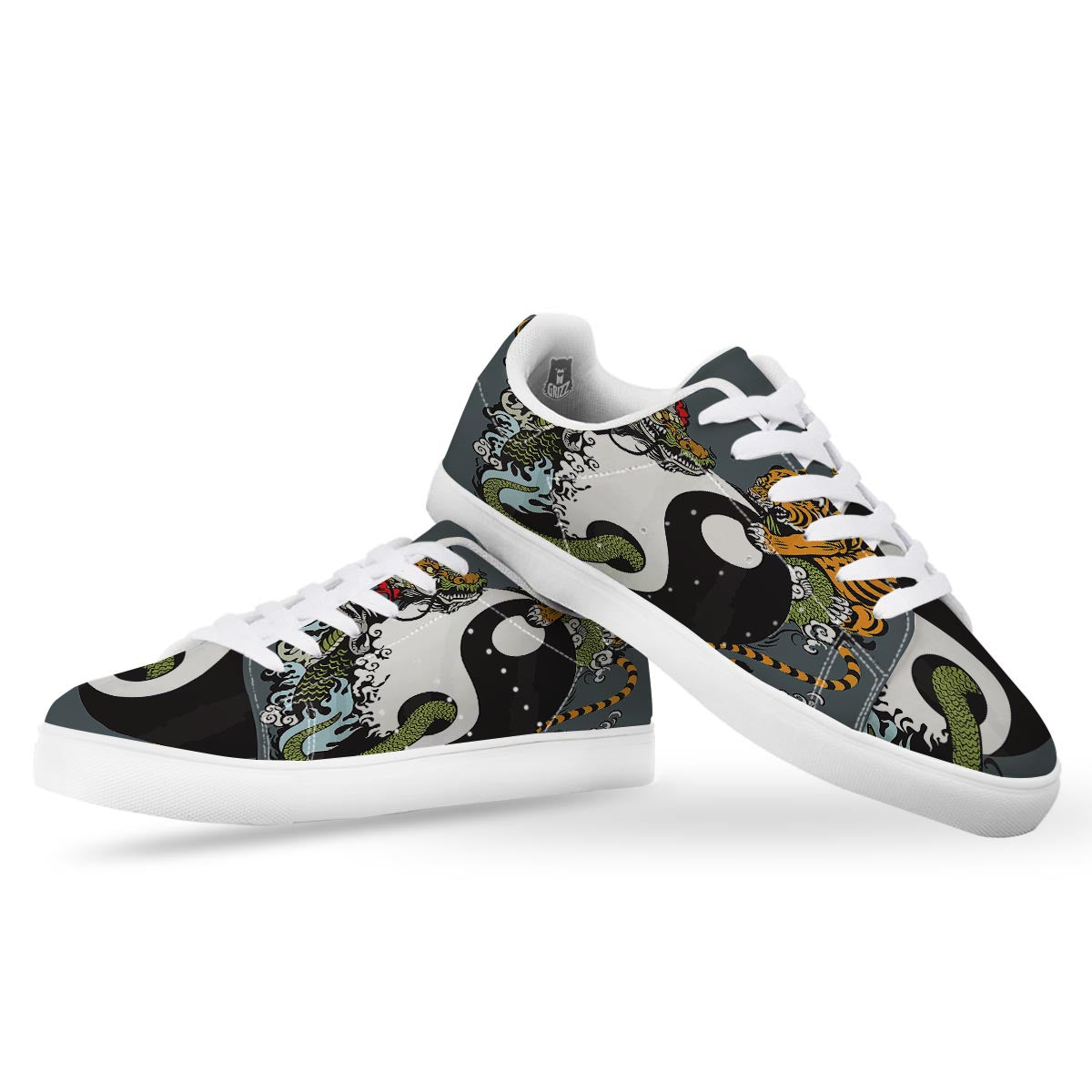 Yin Yang Dragon And Tiger Print White Low Top Sneakers-grizzshop