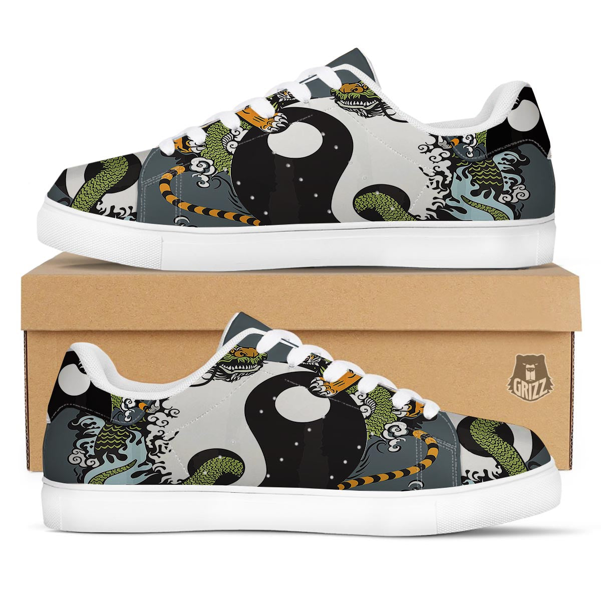 Yin Yang Dragon And Tiger Print White Low Top Sneakers-grizzshop