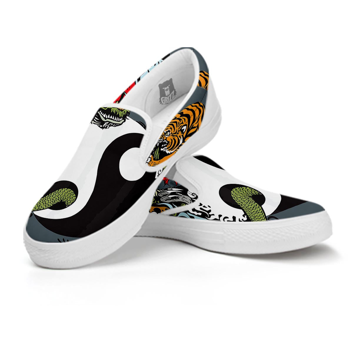 Yin Yang Dragon And Tiger Print White Slip On Shoes-grizzshop