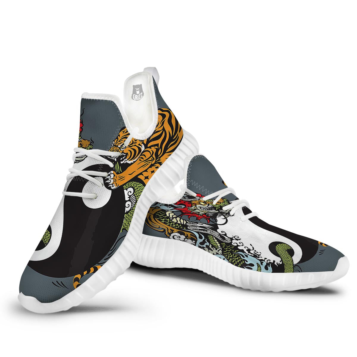 Yin Yang Dragon And Tiger Print White Walking Shoes-grizzshop