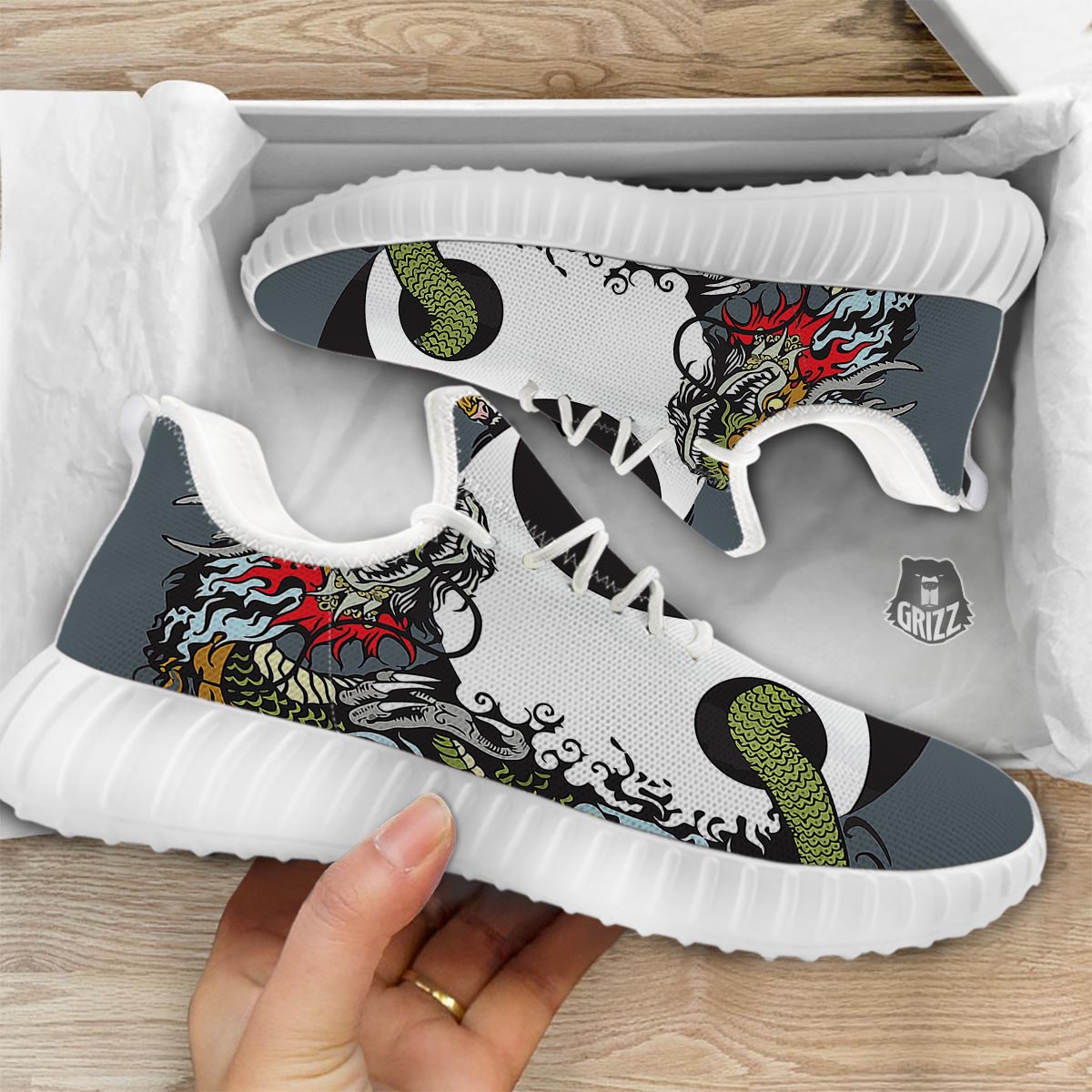 Yin Yang Dragon And Tiger Print White Walking Shoes-grizzshop