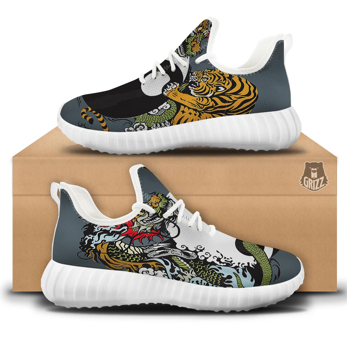 Yin Yang Dragon And Tiger Print White Walking Shoes-grizzshop