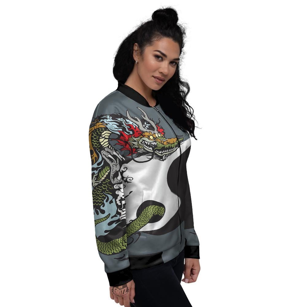 Yin Yang Dragon And Tiger Print Women's Bomber Jacket-grizzshop