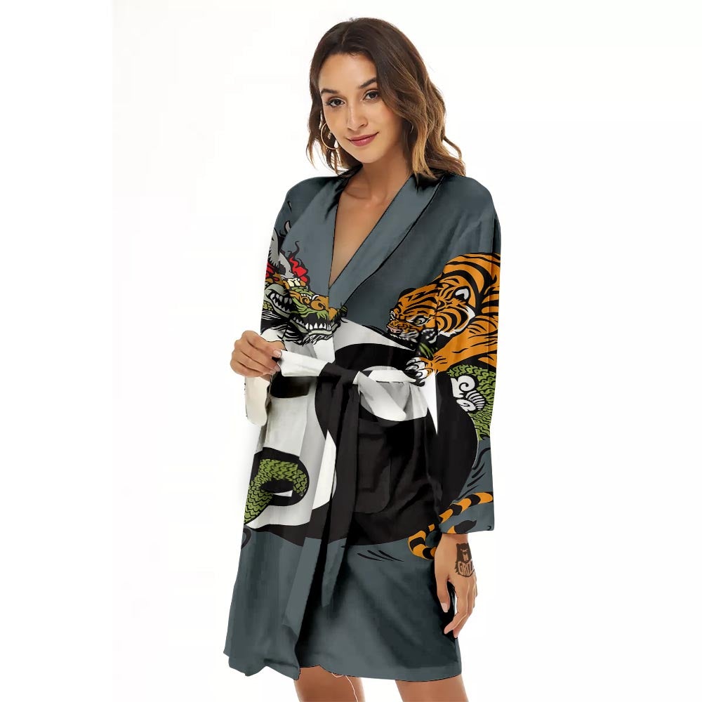 Yin Yang Dragon And Tiger Print Women's Robe-grizzshop