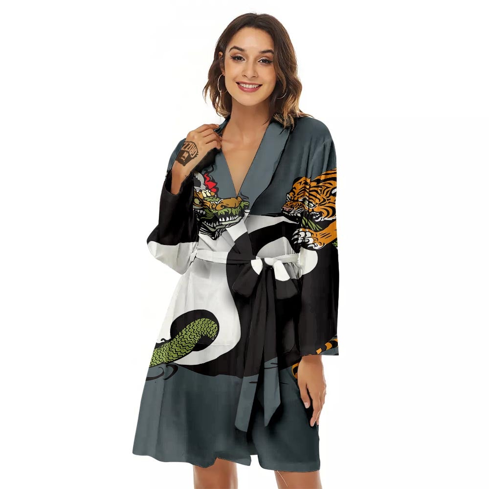 Yin Yang Dragon And Tiger Print Women's Robe-grizzshop