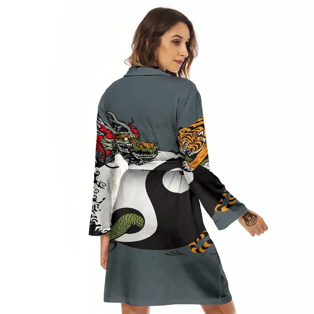 Yin Yang Dragon And Tiger Print Women's Robe-grizzshop